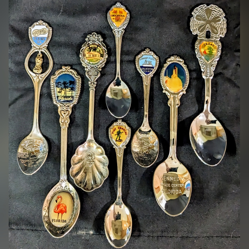 Lot of 8 Vintage Collectible 3.5"-4.5" Souvenir Spoons: Georgia, Florida, Texas